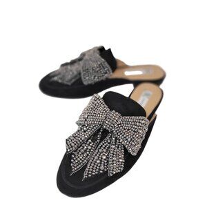 INC International Concepts Black & Silver Crystal Bow Mules Women's Size 6.5